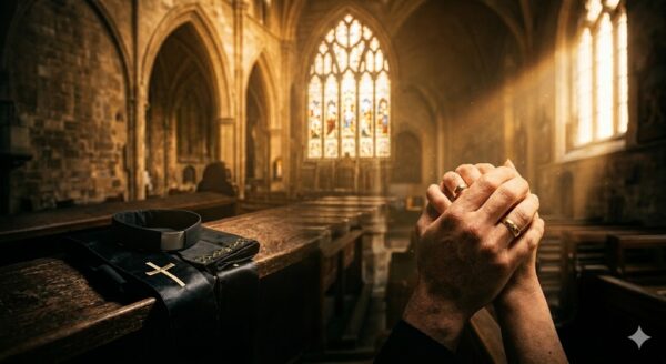 Un close-up fotografico in penombra. Sulla sinistra, un colletto ecclesiastico (stola nera) appoggiato su un banco di chiesa antico. Sulla destra, due mani intrecciate con fedi nuziali visibili, illuminate da un raggio di luce solare che entra da una finestra. L'immagine rappresenta il contrasto tra il ministero (in ombra) e l'amore coniugale (in luce)