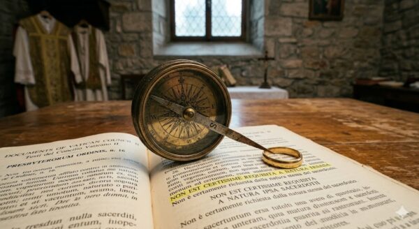 un'antica bussola di ottone è appoggiata direttamente su un testo del Concilio Vaticano II, aperto sulla Presbyterorum Ordinis n. 16. L'ago della bussola non segna il Nord, ma punta verso una fede nuziale posta accanto al libro. L'atmosfera all'alba, con la nebbia che si alza, suggerisce sia l'emergenza (la notte che finisce) sia la speranza di una nuova luce