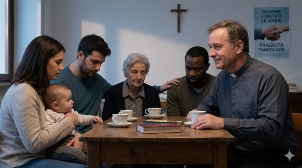 Immagine si concentra sulla vicinanza e l'empatia. Ho scelto di rappresentare un sacerdote sposato (con la fede nuziale ben visibile sulla mano che riposa sulla spalla dell'uomo) seduto in mezzo a una famiglia comune. Le loro espressioni riflettono le "fragilità e le ansie" menzionate dal Papa, ma anche il conforto del sostegno reciproco. Lo sfondo soffuso di una chiesa o di un centro comunità, con una croce e un poster che cita i temi dell'articolo, sottolinea il contesto pastorale della scena, basato su un ascolto reale e condiviso della vita quotidiana