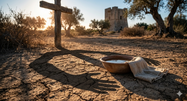 Un catino d'acqua e un asciugatoio appoggiati su una terra arida, con un'ombra che proietta la forma di una croce che diventa un abbraccio... Giovedì Santo 2026. L'impegno di don Giuseppe Serrone per riammissione preti sposati