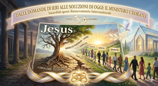 Al centro, una vecchia copertina di rivista (stile Jesus) che ingiallisce leggermente, con il titolo "Chiesa senza preti?". Sopra questa rivista, però, si posa una stola sacerdotale bianca e oro che si intreccia con una fede nuziale luminosa.
Sullo sfondo, una parrocchia moderna piena di luce, dove una famiglia sacerdotale (padre, madre e figli) cammina verso l'altare. La luce che proviene dall'altare illumina la vecchia rivista, trasformandola in un documento moderno che recita: "2026: LA RISPOSTA i preti sposati