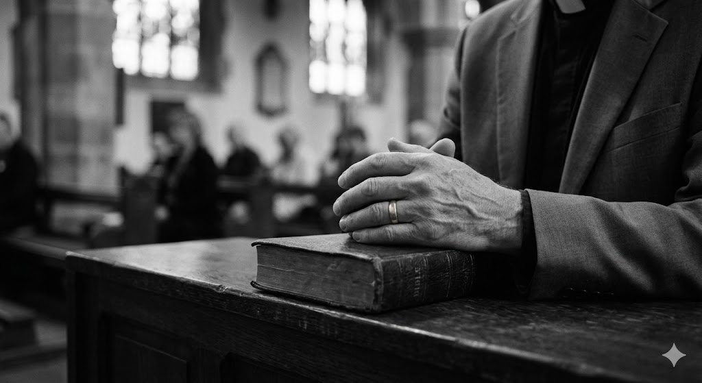 La preghiera di un prete sposato nel Giovedì Santo: due mani, una delle quali porta una fede nuziale, sono giunte in preghiera sopra un grande e antico messale posato su un altare di legno consumato. L'atmosfera è solenne, con una luce soffusa che filtra attraverso delle vetrate sfocate in background, evocando una chiesa senza mostrare volti o identità