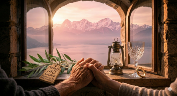 Un'immagine intima e soffusa della luce rosa dell'alba, che mostra due mani (una maschile, una femminile) che si stringono forte sul davanzale della finestra aperta sulle montagne delle Alpi occidentali che dal lago Maggiore guardano alle vette del Monte Rosa. Sul davanzale, al posto della pietra, c'è un rametto d'olivo fresco e vivo. Legata al ramo con un semplice spago c'è una targhetta di legno artigianale con inciso il numero "Verso i 40^ giorni" (in grande) e sotto la scritta "RIAMMISSIONE PRETI SPOSATI" Accanto, il calice di cristallo vuoto e l'anello nuziale, simboli del ministero e della famiglia che si uniscono. L'atmosfera è di pace, determinazione e vita