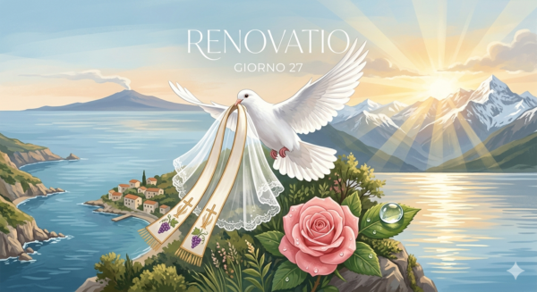 la colomba bianca porta la stola sacerdotale e il velo da sposa in volo. Lo sfondo unisce il mare dell'Albania e della Sicilia con le montagne alpine e i raggi di sole, mentre in primo piano risaltano la rosa color rosa e la goccia di rugiada. Spero che questa immagine possa arricchire la narrazione del cantiere per la riammissione dei preti sposati al ministero
