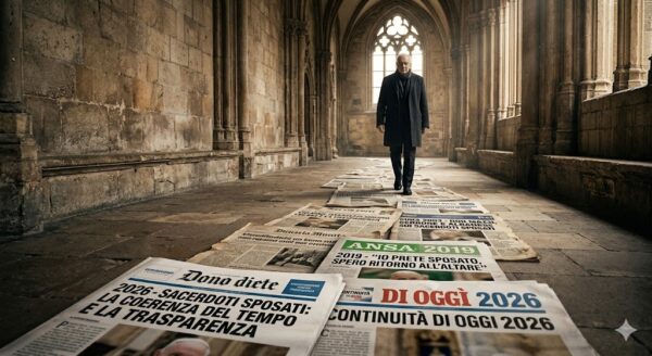 Una silhouette di un uomo anziano e autorevole (che ricorda un leader come Don Serrone) che cammina con fermezza lungo un corridoio di pietra di una cattedrale. Al centro del corridoio, il pavimento si trasforma in un archivio cartaceo con copertine di giornali che sfumano da "Rai Uno 2003" a "ANSA 2019" fino a "2026". Lo stile è quello di una foto giornalistica drammatica e cinematografica come testimonianza coerente per i preti sposati