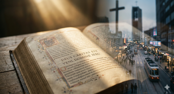 Teologia oggi. Il Contributo della campagna di don Giuseppe Serrone per riammissione dei preti sposati nella Chiesa Cattolica. L'immagine rappresenta un antico manoscritto teologico, le cui pagine scritte a mano si sovrappongono a una scena urbana moderna di una strada di città. Questa composizione interpreta visivamente il concetto del professor Cosentino: la teologia che esce dai trattati accademici per immergersi nella realtà quotidiana e "laica" della vita delle persone.
È l'icona che parla di una "Teologia della Carne"