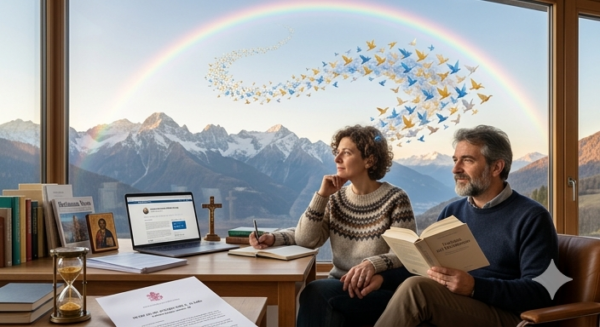 Teologia rinnovamento preti sposati. Questa immagine unisce in modo armonico i due piani di azione della Redazione. Sulla scrivania in primo piano, la copia di Settimana News rappresenta la "riflessione teologica di alto livello". Accanto ad essa, la clessidra con le perline dorate che scendono richiama il "Giro di Boa" del 20° giorno e l'"azione pratica" dell'invio formale al Dicastero (simboleggiato dalla busta bianca con un timbro che evoca il Vaticano). In fondo, nello studio aperto che si affaccia sulle Alpi maestose, una coppia – un uomo e una donna, marito e moglie – è immersa nella contemplazione. Dai loro pensieri, i sogni e le speranze di un sacerdozio riammesso si levano come stormi di uccellini di luce, volando tra arcobaleni che si aprono oltre le montagne. Questa immagine è un'icona di visione e di pace, che dimostra che dietro ogni atto amministrativo della Redazione c'è un'anima orante e una profezia incarnata. È perfetta per congedare i lettori verso la seconda metà del cammino