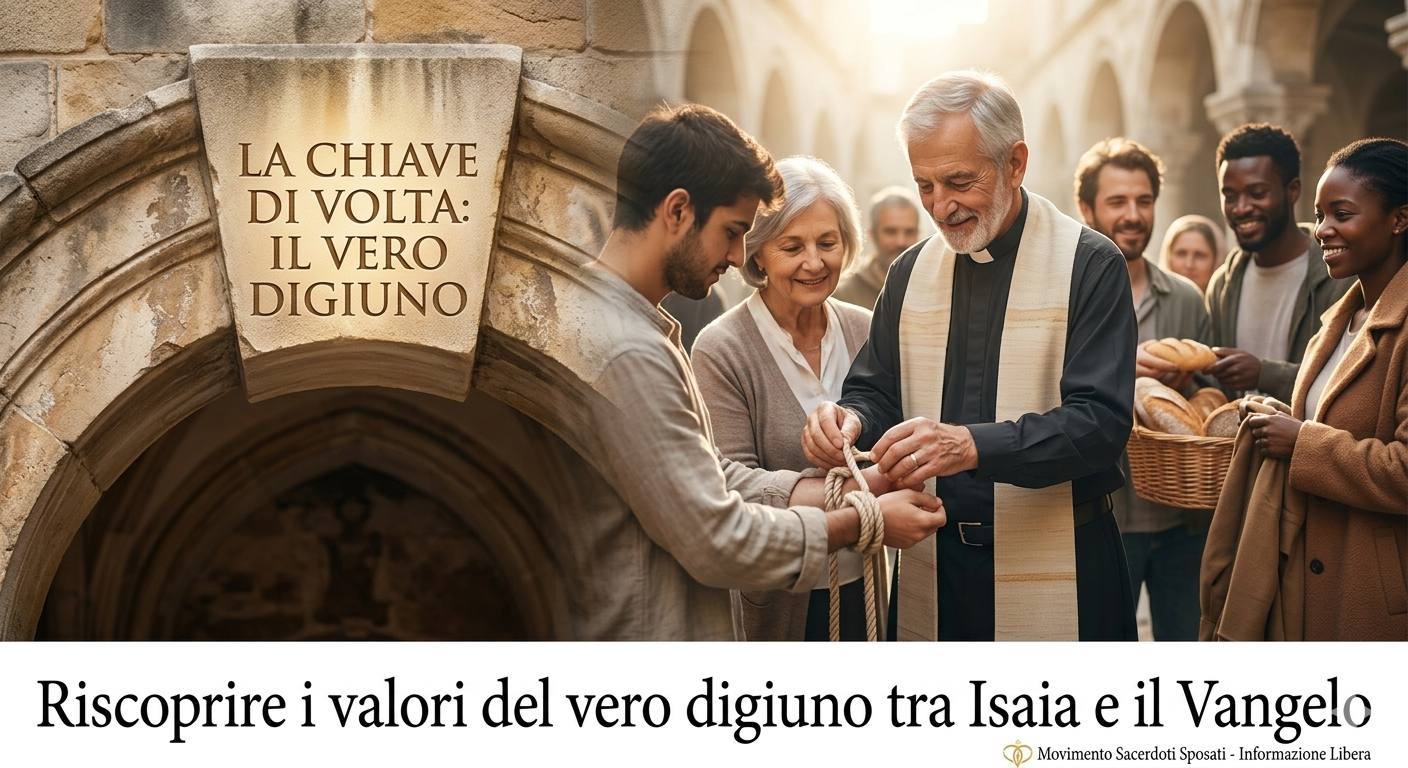 Ecco la visualizzazione grafica dell'illuminazione spirituale di don Giuseppe Serrone: "La chiave di volta: riscoprire i valori del vero digiuno".
L'immagine rappresenta visivamente questo fondamentale salto di qualità teologico:
La Chiave di Volta: In primo piano, su un antico arco in pietra che simboleggia l'osservanza rituale, è incisa la scritta centrale: "LA CHIAVE DI VOLTA: IL VERO DIGIUNO". Questo elemento architettonico sostiene la nuova visione.
Isaia e la Giustizia Sociale: Oltre l'arco, la comunità mette in pratica l'insegnamento profetico: un anziano presbitero sposato (con la fede nuziale visibile e la moglie al fianco, a simboleggiare la famiglia come risorsa pastorale) unta simbolicamente le catene e i lacci che tengono oppresso un giovane. Altri membri condividono il pane e vestono i bisognosi, traducendo il digiuno in carità e amore attivo.
Il Vangelo e la Purezza del Cuore: La scena è illuminata da una luce calda e divina che sconfigge l'osservanza puramente esteriore. L'enfasi è posta sul cuore e sull'azione dei personaggi, incarnando le parole di Gesù: ciò che contamina non è il cibo, ma le intenzioni egoistiche che partono dall'odio e dall'esclusione.
Identità del Movimento: Nella didascalia in basso, il titolo completo è reso con un font elegante e pulito: "Riscoprire i valori del vero digiuno tra Isaia e il Vangelo", accompagnato dal logo e dal riferimento ufficiale: "Movimento Sacerdoti Sposati - Informazione Libera".